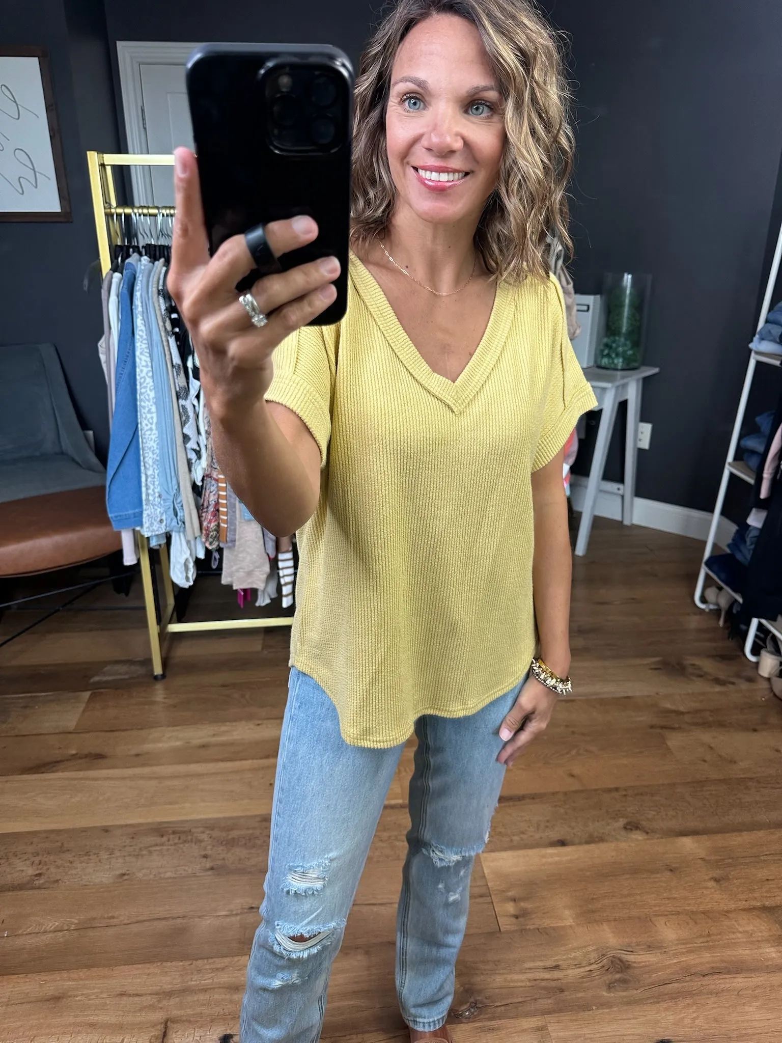 A Little While More Ribbed V-Neck Top - Dusty Yellow