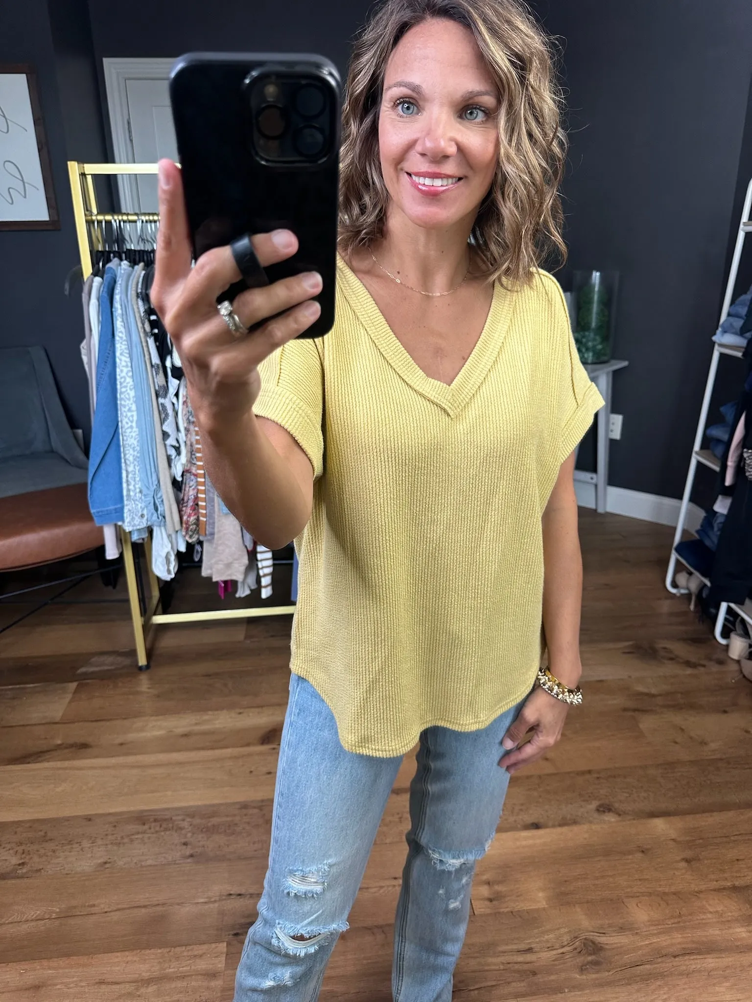 A Little While More Ribbed V-Neck Top - Dusty Yellow