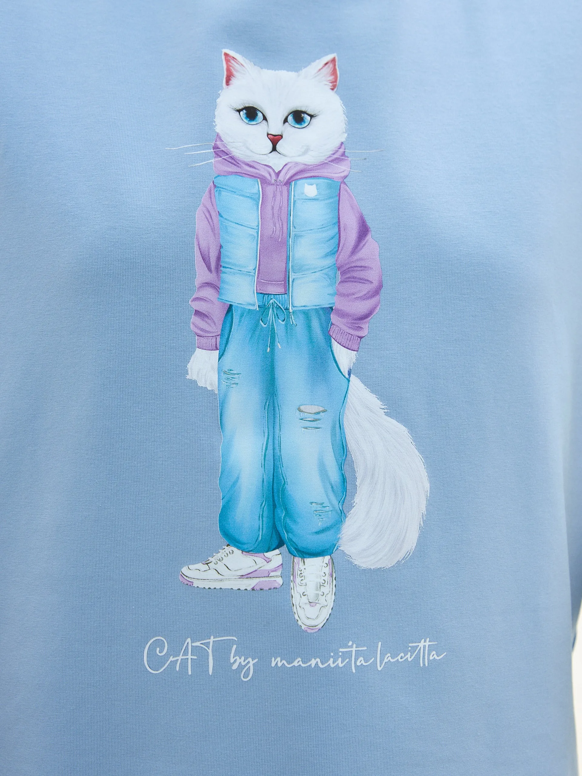 Blue Printed T-shirt WALKING CAT