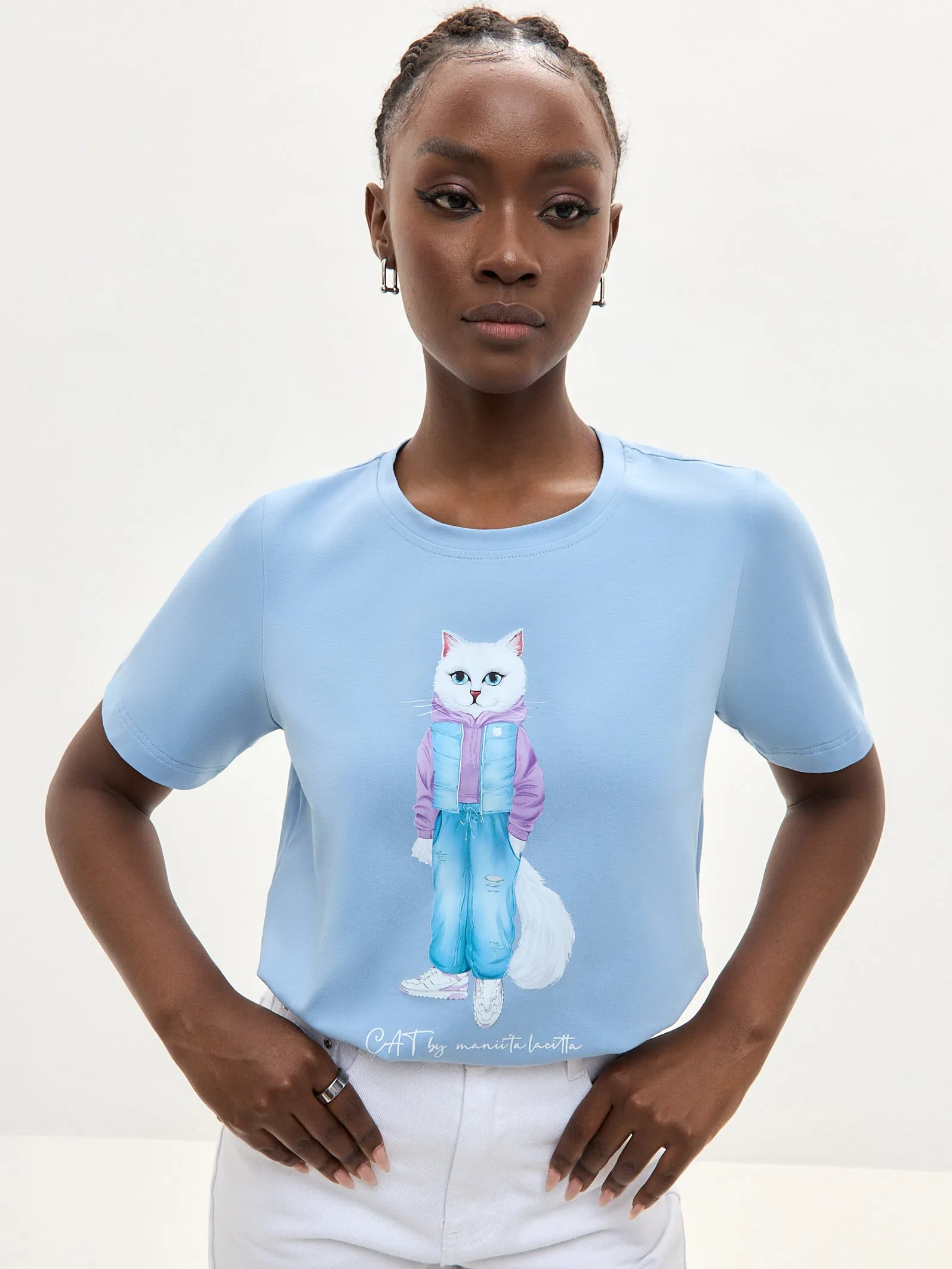 Blue Printed T-shirt WALKING CAT