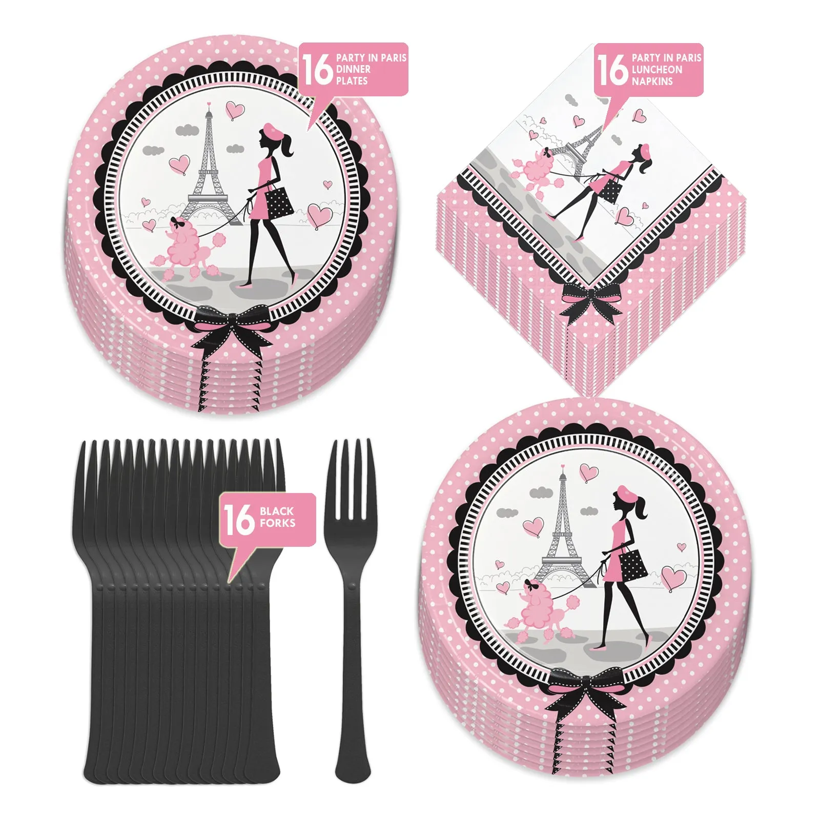 Paris Party Supplies - French Theme Paper Dinner Plates, Luncheon Napkins, and Forks (Serves 16)