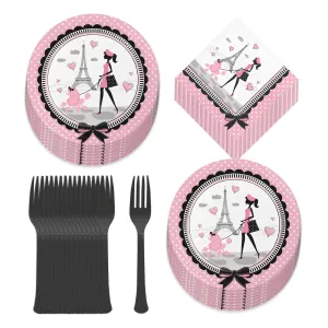 Paris Party Supplies - French Theme Paper Dinner Plates, Luncheon Napkins, and Forks (Serves 16)