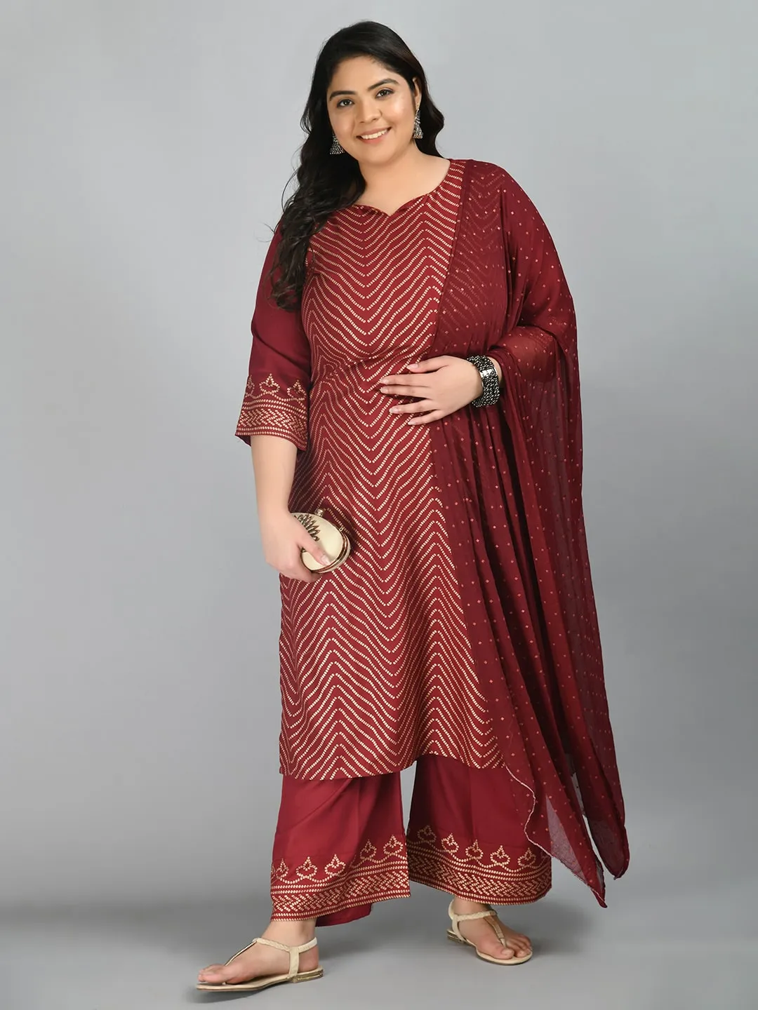 Plus Size Gorgeous Maroon and Gold Printed Kurta Palazzo Set with Dupatta