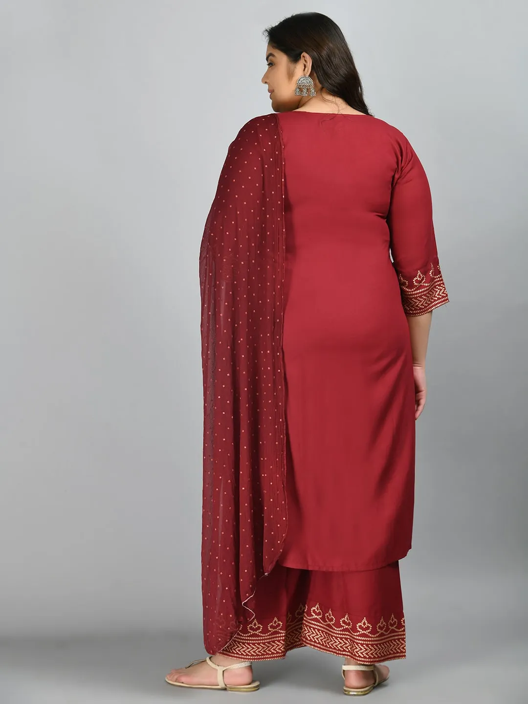 Plus Size Gorgeous Maroon and Gold Printed Kurta Palazzo Set with Dupatta