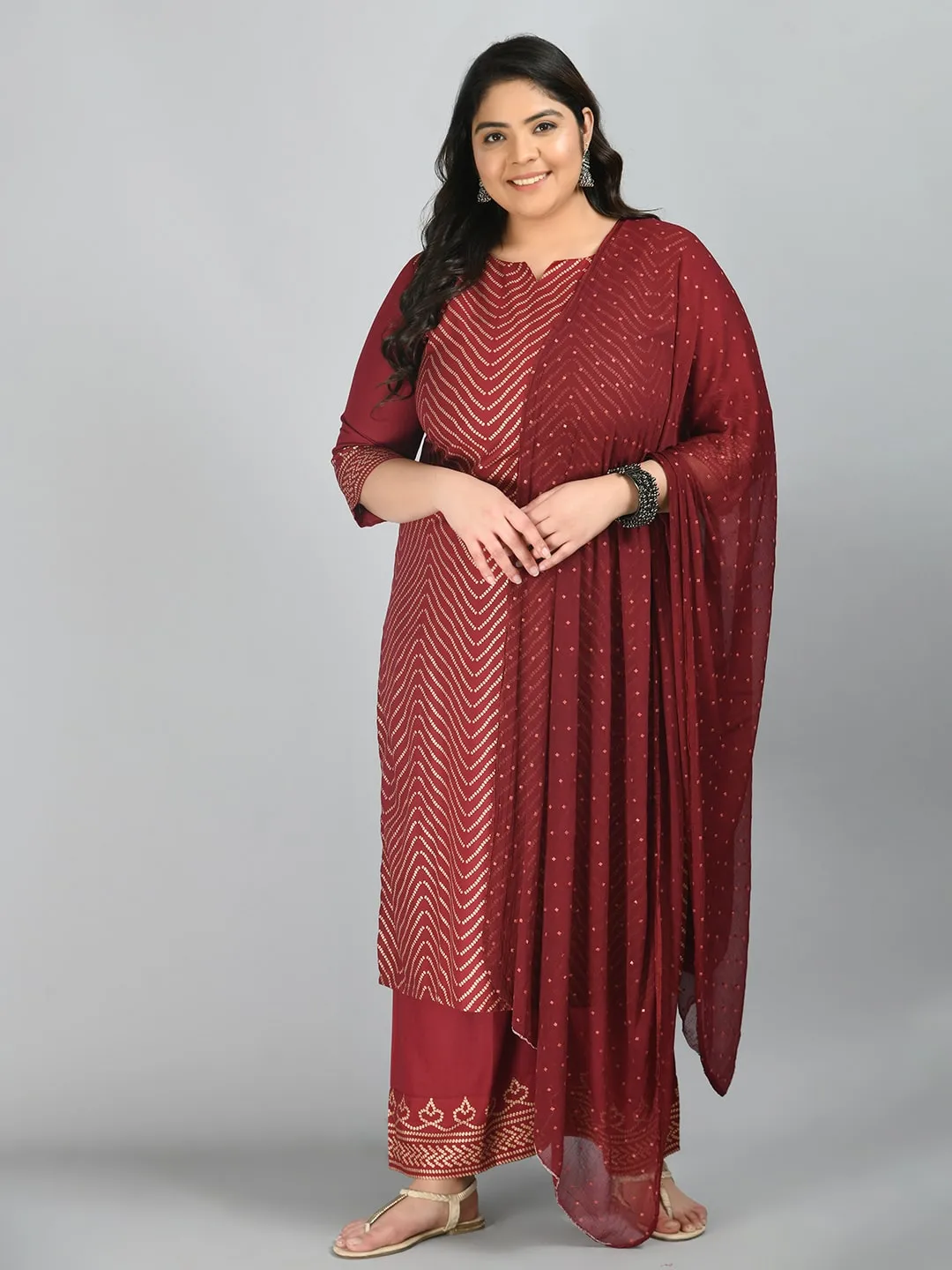 Plus Size Gorgeous Maroon and Gold Printed Kurta Palazzo Set with Dupatta