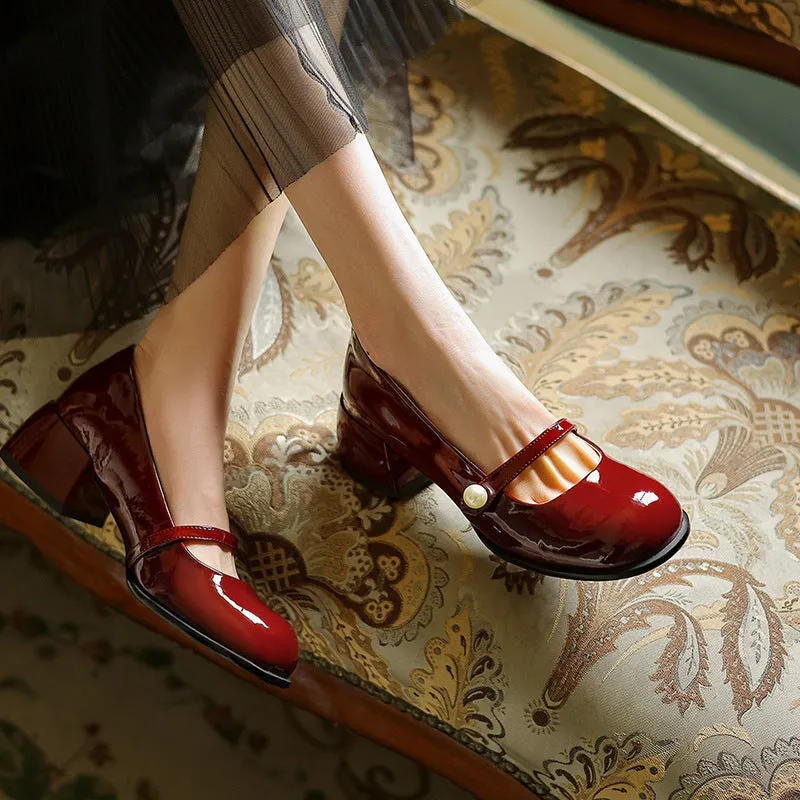 Retro Leather Block Heel Office Shoes Mary Jane Pumps With Pearl Detail in Wine Red/Black