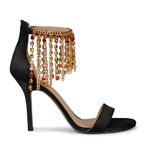 Saint Luana Multi Stone Studded Chain Black Satin Stilettos