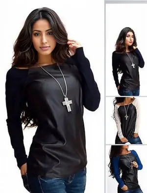 Sexy Womens Leather Long Sleeve T-Shirt