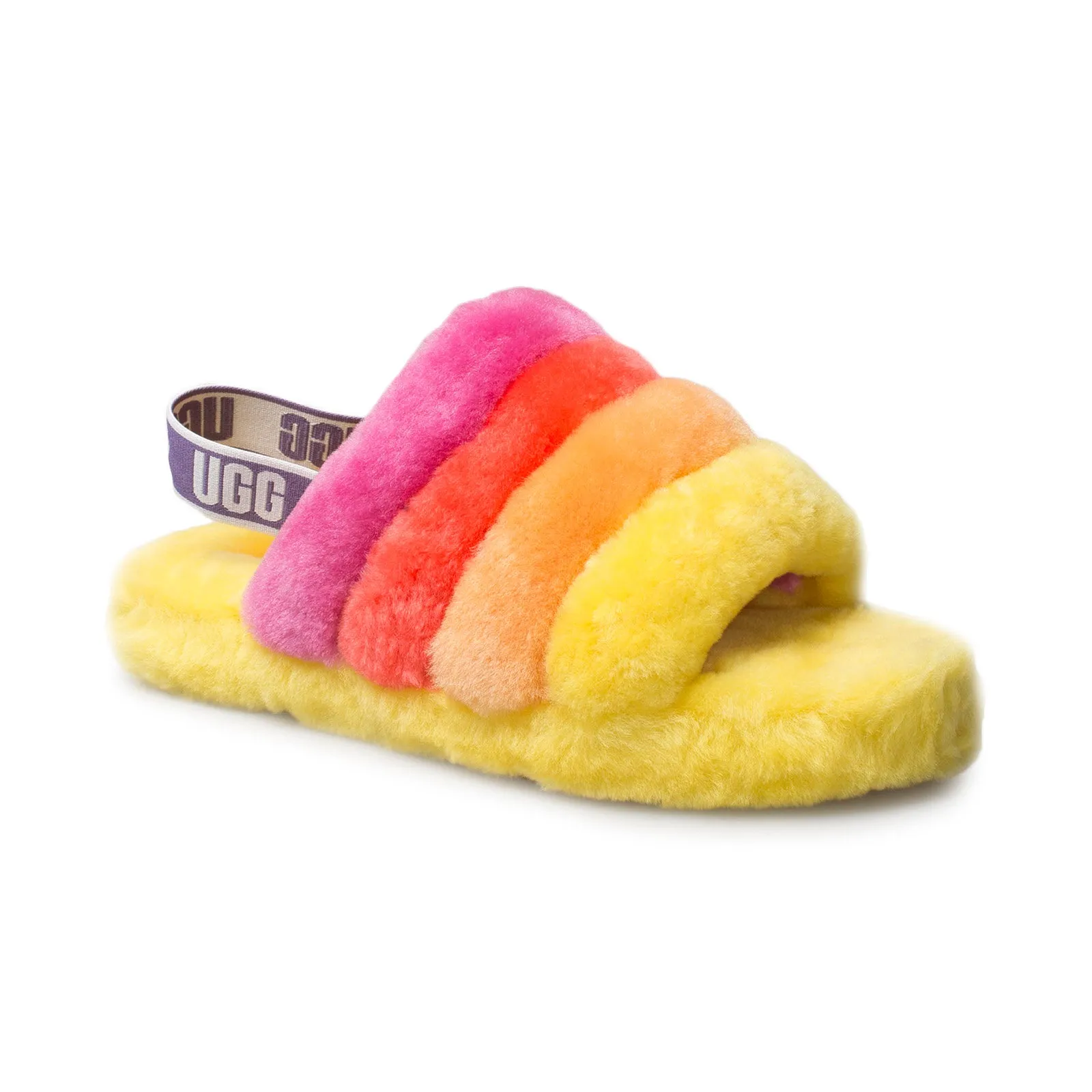 UGG Fluff Yeah Slide Pride Rainbow Yellow Slippers - Women's