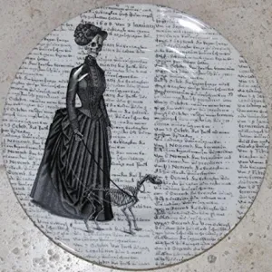 Victorian Skeleton Lady Walking Dog Dinner Plates Set