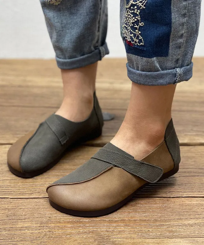 Vintage Grey Splicing Cowhide Leather OX Tendon Flat Feet Shoes