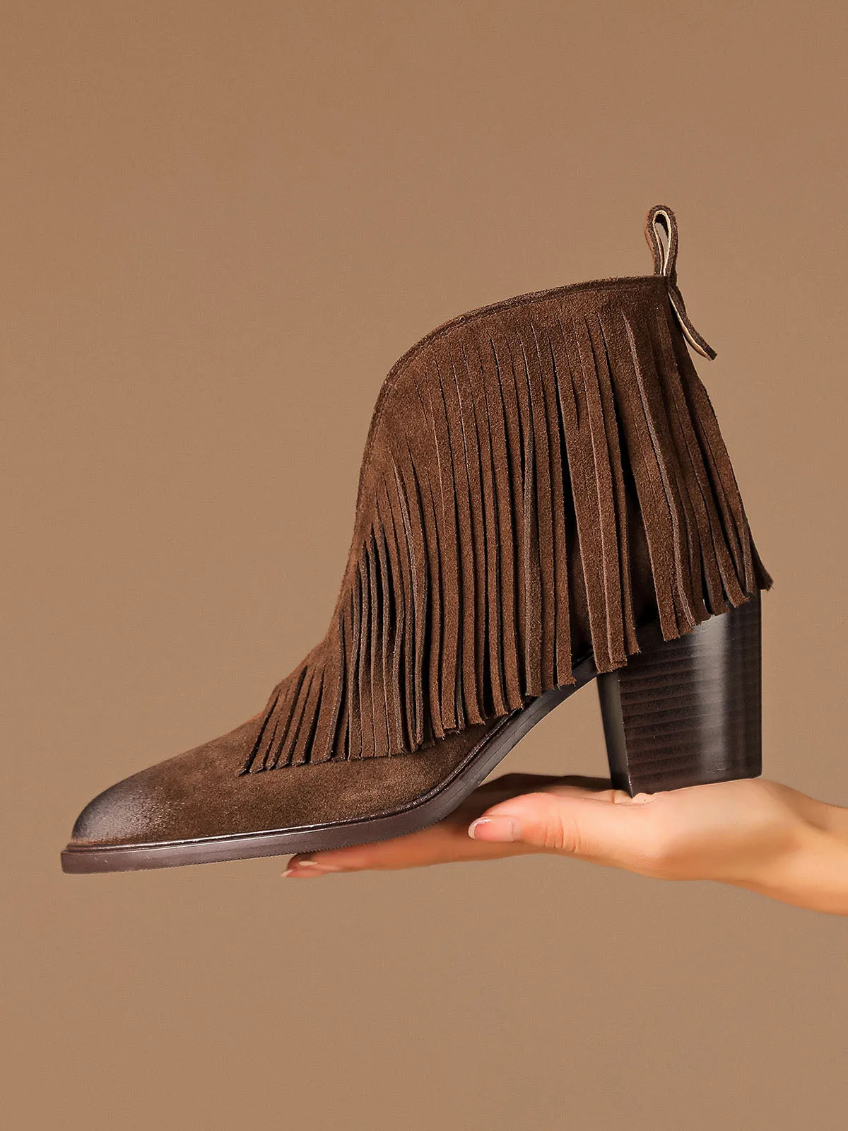 Women's Fringe Solid Color Chunky Heel Pointed Toe Leather Boho Boots