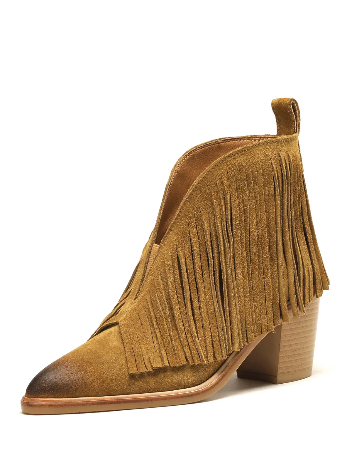 Women's Fringe Solid Color Chunky Heel Pointed Toe Leather Boho Boots