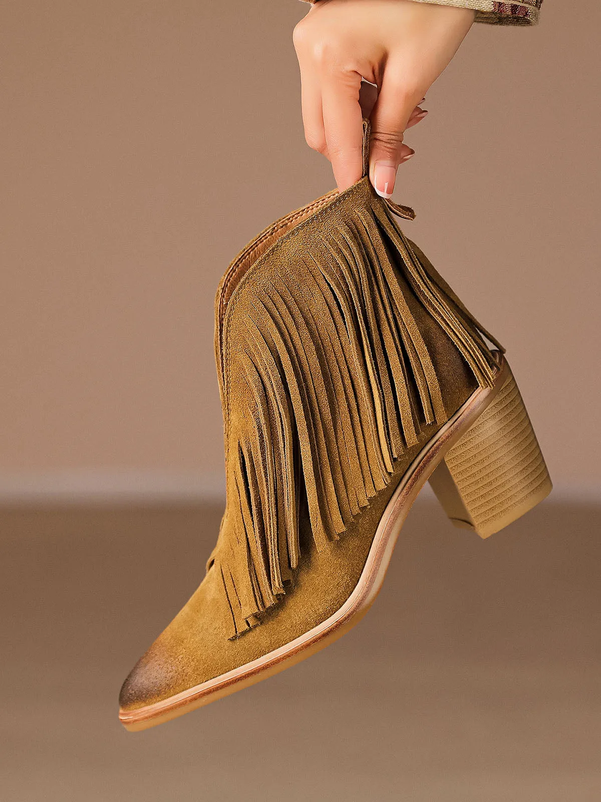 Women's Fringe Solid Color Chunky Heel Pointed Toe Leather Boho Boots