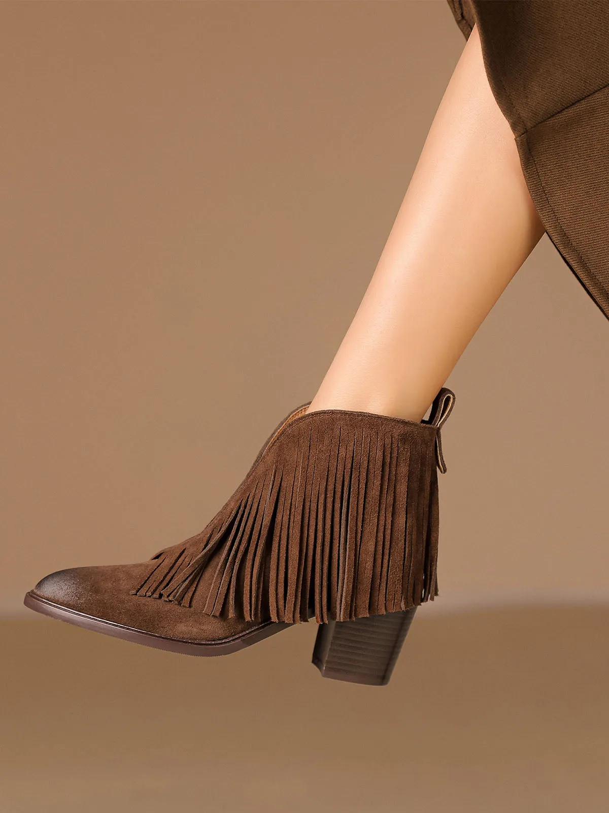 Women's Fringe Solid Color Chunky Heel Pointed Toe Leather Boho Boots