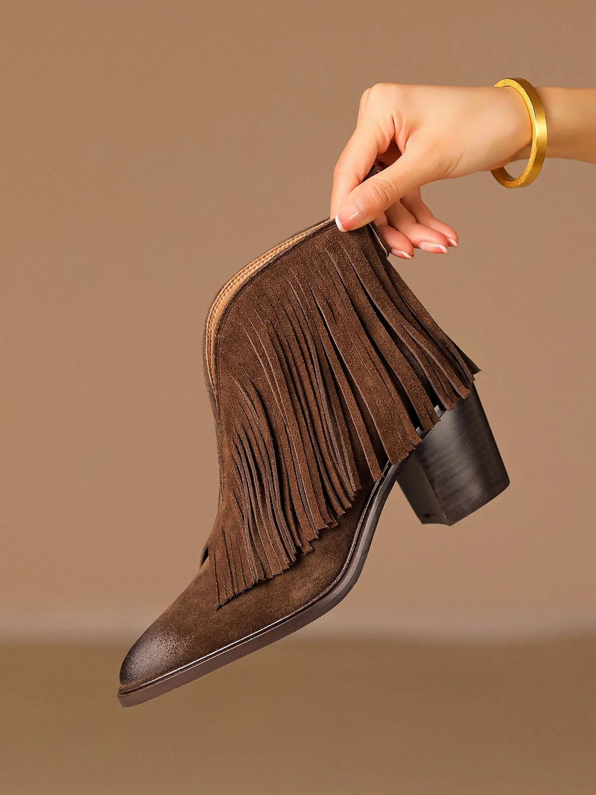 Women's Fringe Solid Color Chunky Heel Pointed Toe Leather Boho Boots